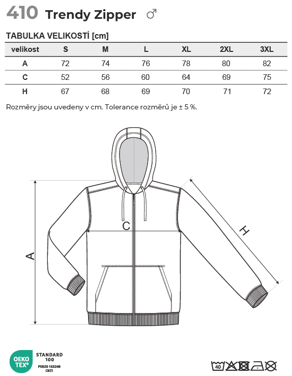 410 Trendy Zipper mikina pánská Tabulka velikostí
